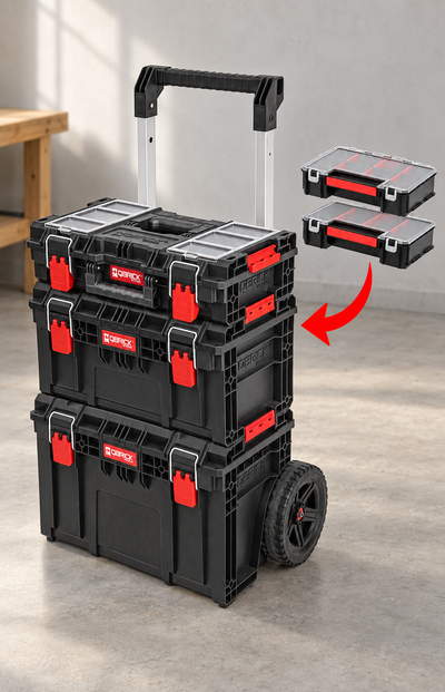 Qbrick System PRIME Set 5 Parça Hoşgeldin Seti atölyede: PRIME Cart, Toolbox 250 Vario, Toolbox 150 Profi ve 2 adet PRO Organizer Multi