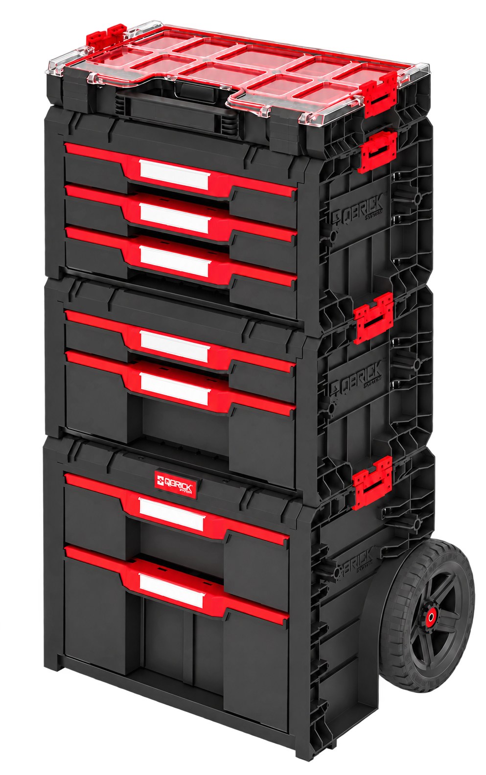 PRO Drawer Tower seti birleştirilmiş hâli — Cart, Drawer 3, Drawer 2 ve Organizer 200