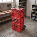 Qbrick System PRO Cart Plus Drawer Tower RED ULTRA HD Hoşgeldin Seti atölyede: tekerlekli PRO Cart, 3'lü çekmece modülü, Profi toolbox ve şeffaf kapaklı Organizer 300